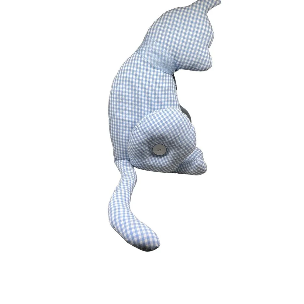 Handcrafted Stuffed Cat Pillow Baby Blue‎ Gingham Fabric Neck Bow Button - Picture 3 of 6